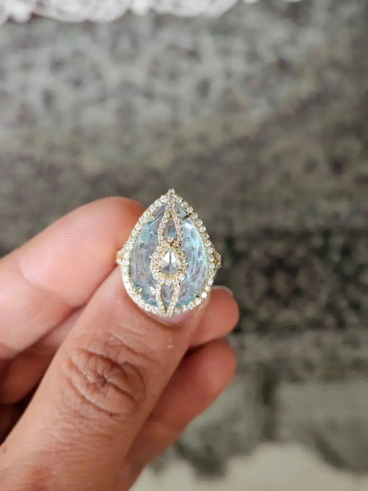 18k Yellow Gold Handmade Statement Ring - Natural Aquamarine & Rose Cut Diamonds Cocktail Ring