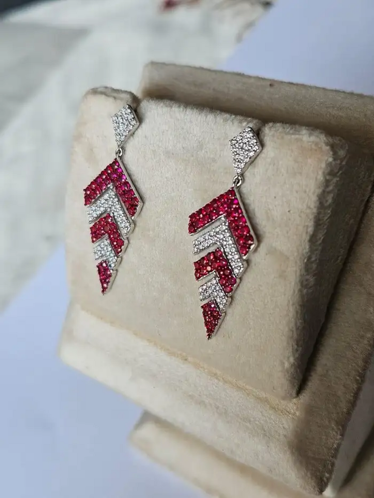 2.18 Ct. Mozambique Ruby & Diamond Earrings - 18k White Gold Handmade Chandelier Earrings
