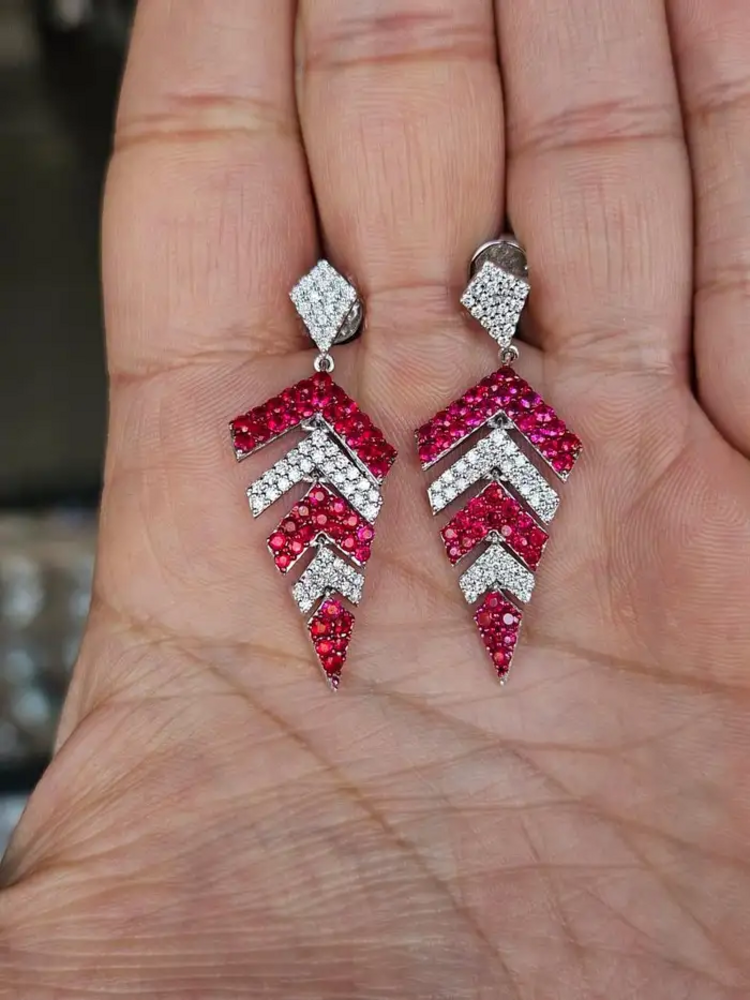 2.18 Ct. Mozambique Ruby & Diamond Earrings - 18k White Gold Handmade Chandelier Earrings