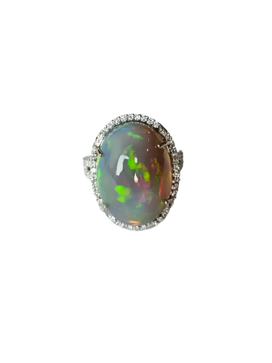 18k White Gold Diamond Statement Ring - Natural 16.23 Ct. Ethiopian Opal Women Ring