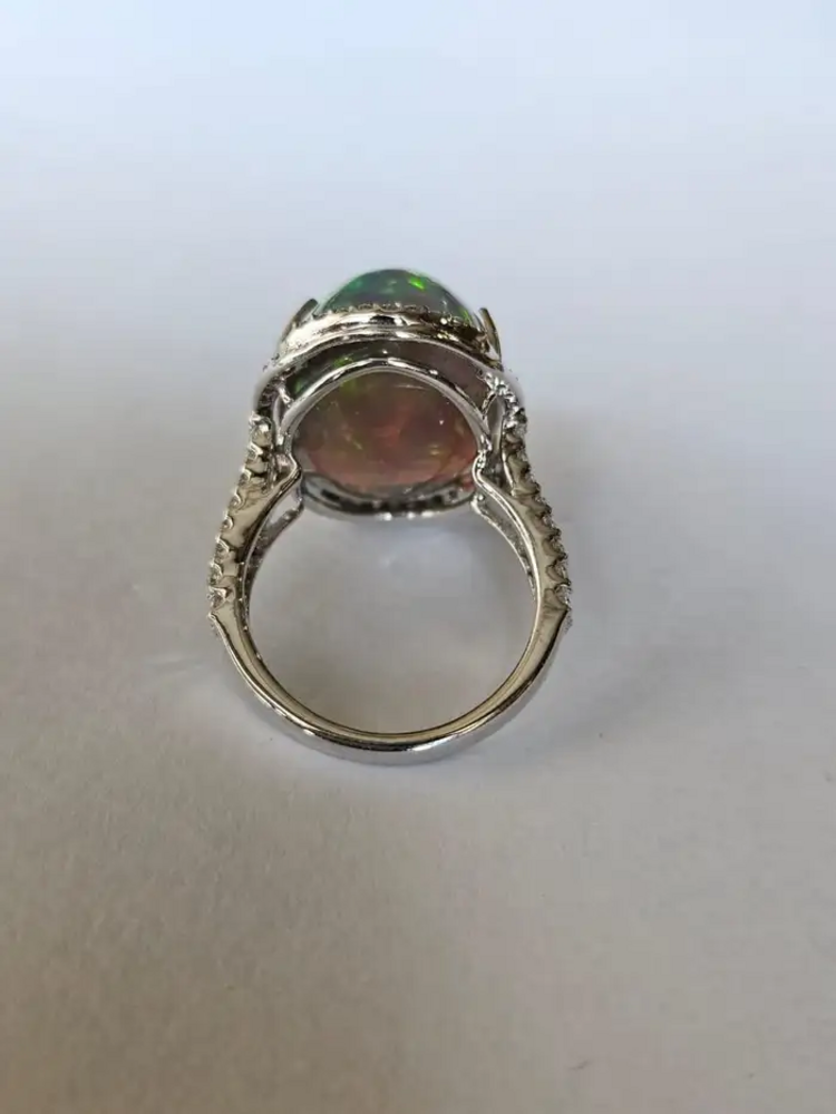 18k White Gold Diamond Statement Ring - Natural 16.23 Ct. Ethiopian Opal Women Ring