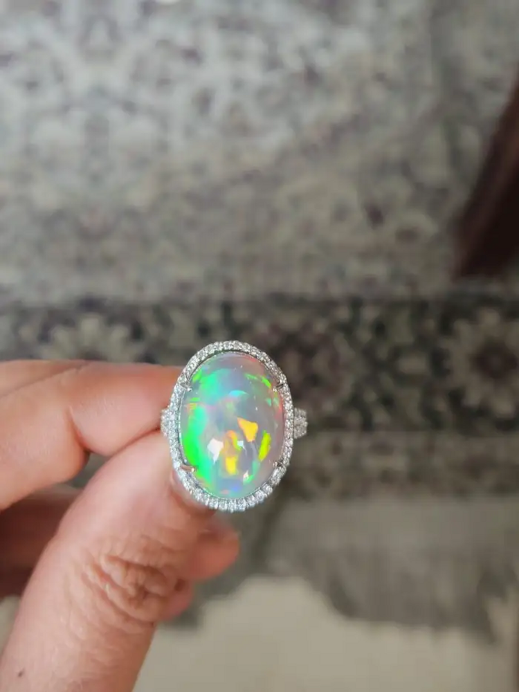 18k White Gold Diamond Statement Ring - Natural 16.23 Ct. Ethiopian Opal Women Ring