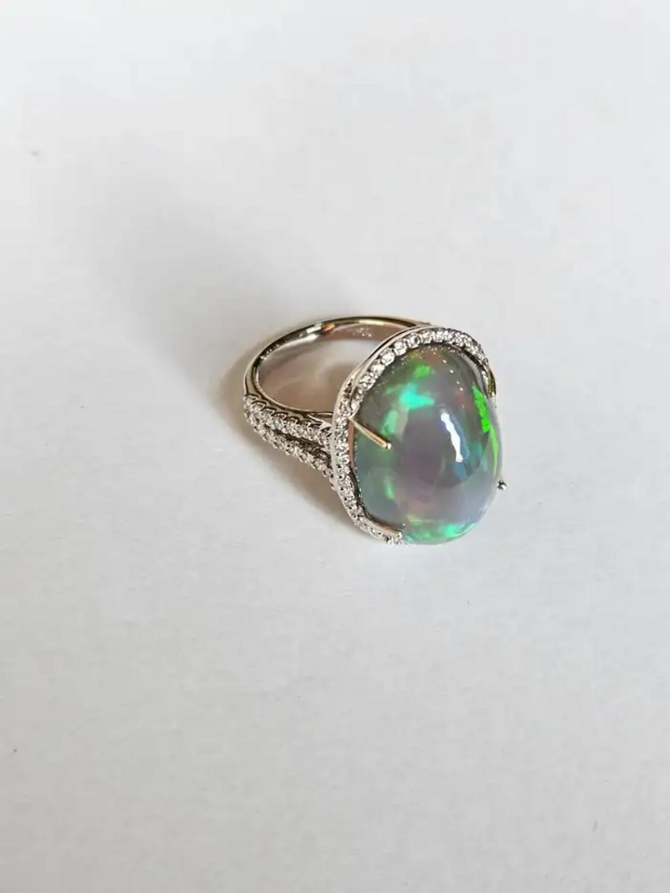 18k White Gold Diamond Statement Ring - Natural 16.23 Ct. Ethiopian Opal Women Ring