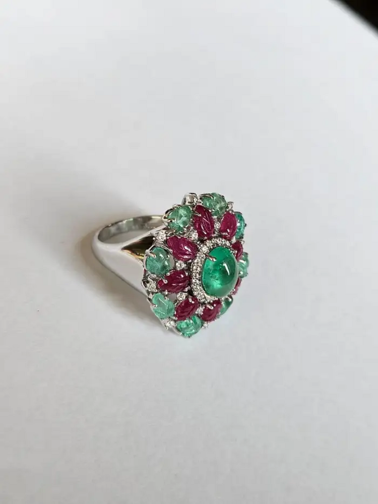 18k White Gold Carved Emerald & Ruby Gemstone Ring - Natural Colombian Emerald Cocktail Ring