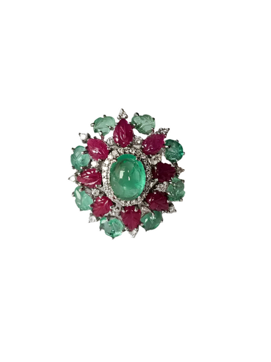 18k White Gold Carved Emerald & Ruby Gemstone Ring - Natural Colombian Emerald Cocktail Ring
