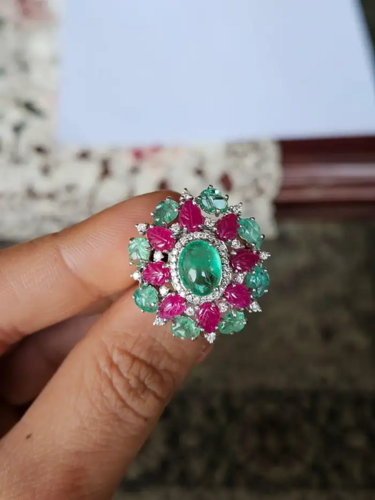 18k White Gold Carved Emerald & Ruby Gemstone Ring - Natural Colombian Emerald Cocktail Ring