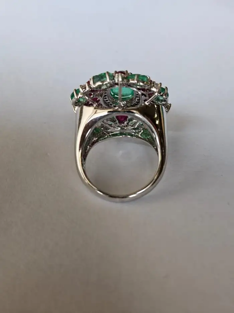 18k White Gold Carved Emerald & Ruby Gemstone Ring - Natural Colombian Emerald Cocktail Ring