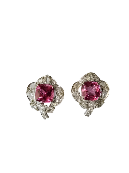 Natural Rubellite & Rose Cut Diamond Stud Earrings Made in 18k White Gold