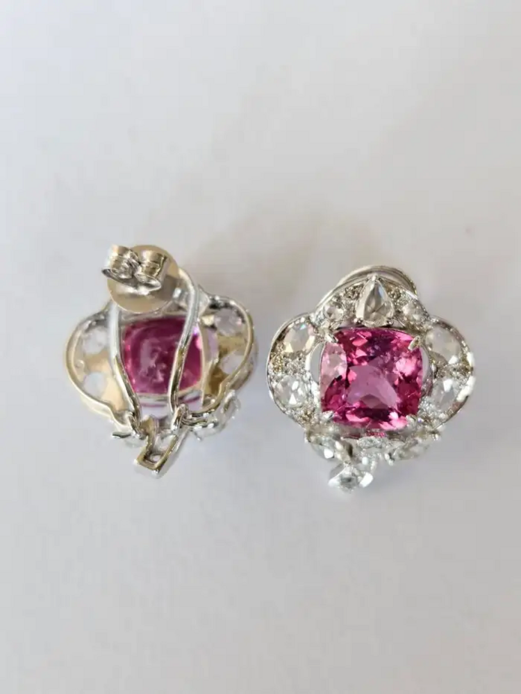 Natural Rubellite & Rose Cut Diamond Stud Earrings Made in 18k White Gold