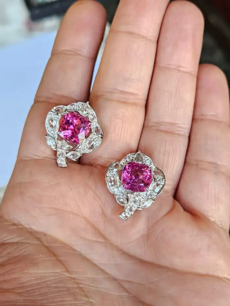 Natural Rubellite & Rose Cut Diamond Stud Earrings Made in 18k White Gold