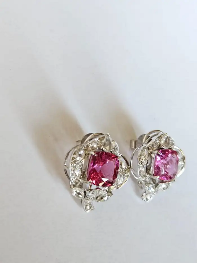 Natural Rubellite & Rose Cut Diamond Stud Earrings Made in 18k White Gold