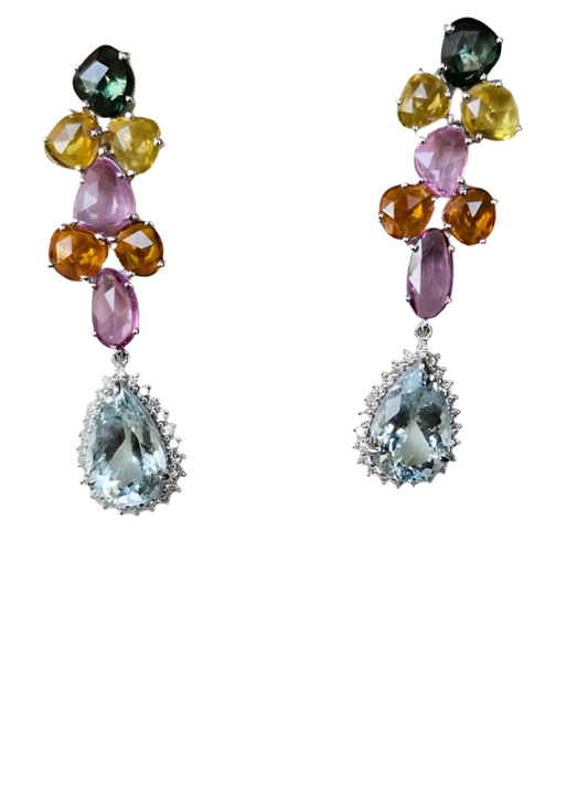 Natural Multi Sapphire & Pear Shape Aquamarine Gemstone Dangle Earrings - 18k White Gold Diamond Earrings