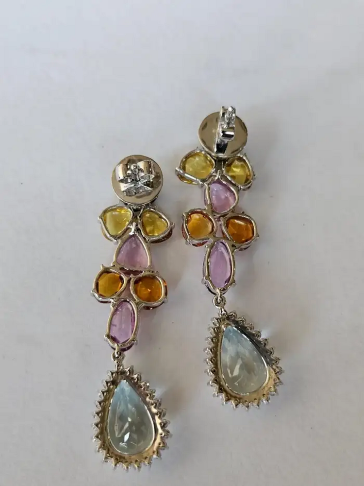 Natural Multi Sapphire & Pear Shape Aquamarine Gemstone Dangle Earrings - 18k White Gold Diamond Earrings