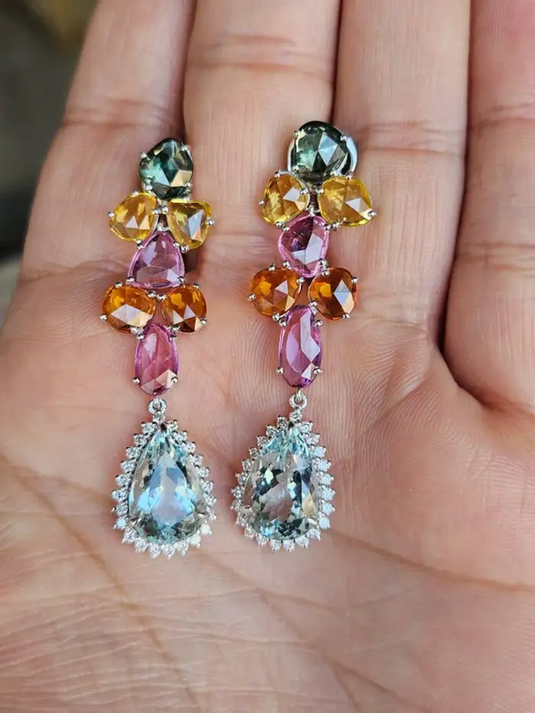 Natural Multi Sapphire & Pear Shape Aquamarine Gemstone Dangle Earrings - 18k White Gold Diamond Earrings