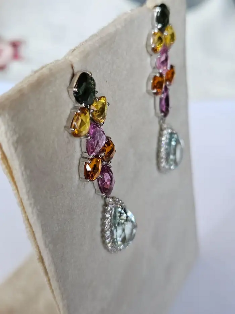 Natural Multi Sapphire & Pear Shape Aquamarine Gemstone Dangle Earrings - 18k White Gold Diamond Earrings