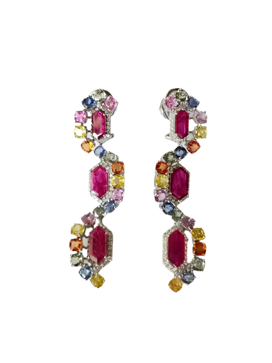Natural Mozambique Ruby & Multi Sapphire Dangle Earrings - 18k White Gold Diamond Earrings