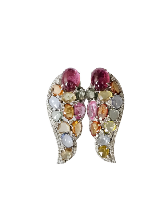 Natural Multi Sapphire & Tourmaline Gemstone Earrings - 18k White Gold Diamond Earrings