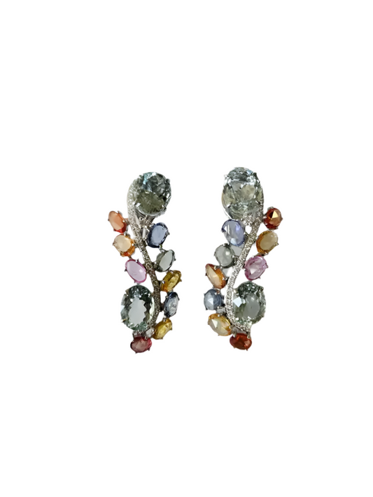 18k White Gold Multi Sapphire Chandelier Earring - Natural Aquamarine & Diamond Earrings