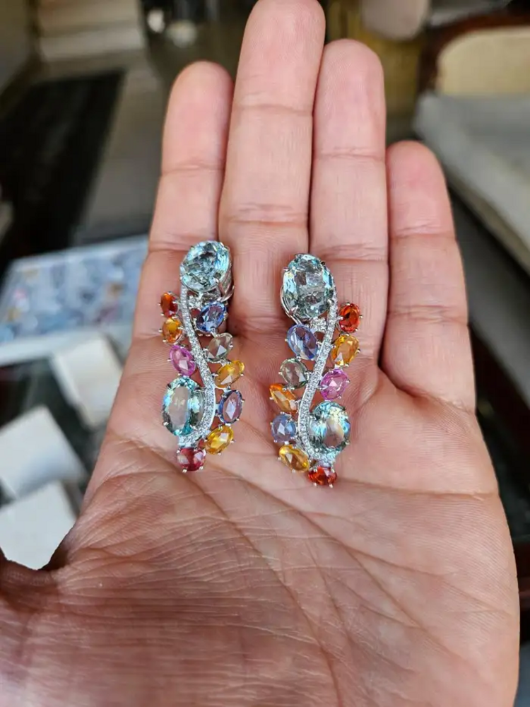 18k White Gold Multi Sapphire Chandelier Earring - Natural Aquamarine & Diamond Earrings