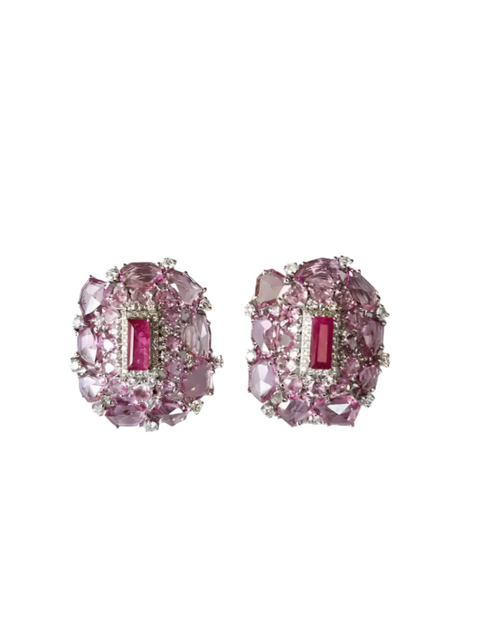 Natural Mozambique Ruby & Ceylon Pink Sapphire Stud Earrings - 18k White Gold Diamond Earrings