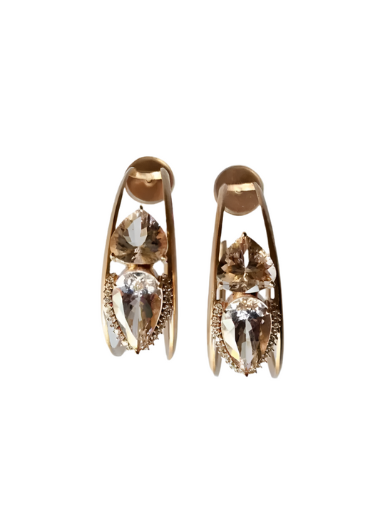 18k Yellow Matte Gold Hoop Earrings - Natural Morganite & Diamond Earrings
