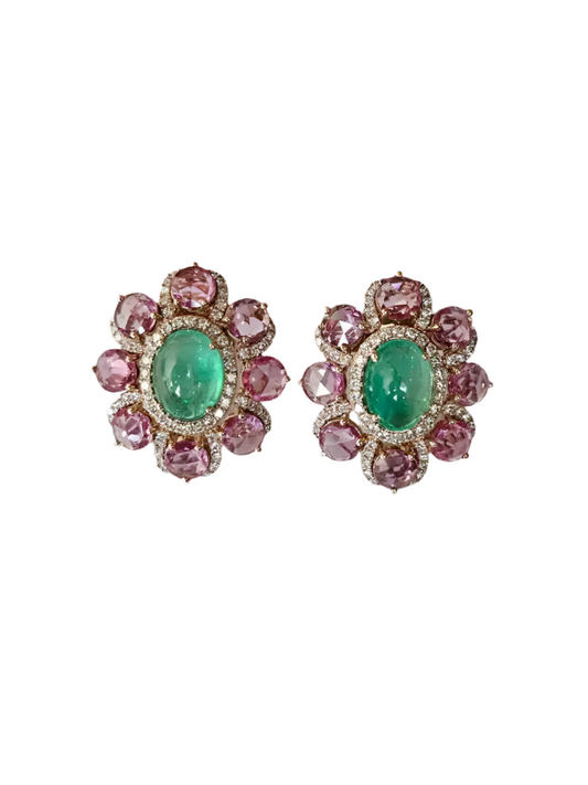 Natural Colombian Emerald & Pink Sapphire Stud Earrings - 18k Rose Gold Diamond Earrings