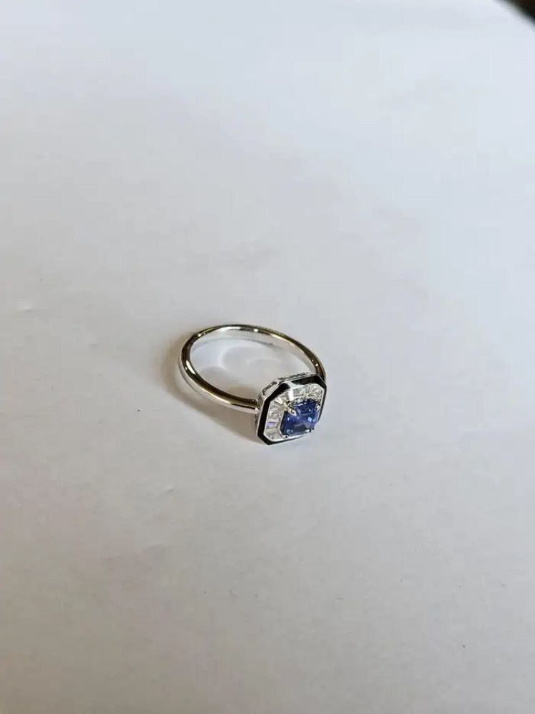 Natural Blue Sapphire & Black Enamel Ring - 18k White Gold Diamond Engagement Ring