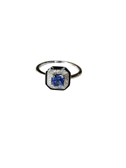 Natural Blue Sapphire & Black Enamel Ring - 18k White Gold Diamond Engagement Ring