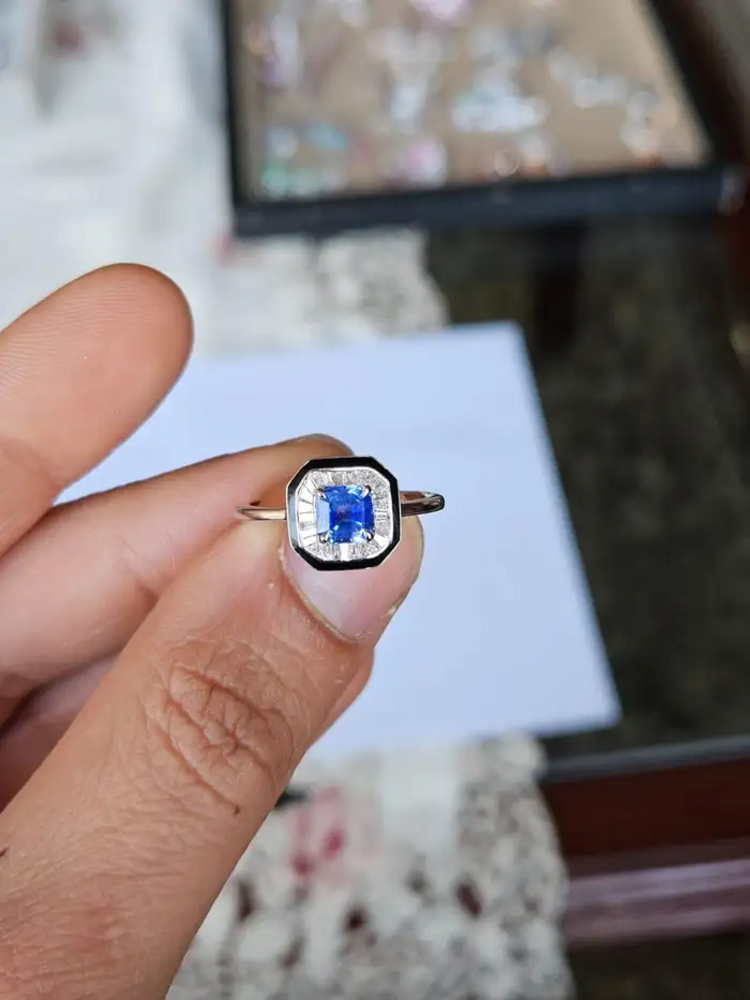 Natural Blue Sapphire & Black Enamel Ring - 18k White Gold Diamond Engagement Ring