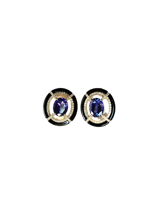 18k Gold Diamond & Tanzanite Gemstone Stud Earrings - Rock crystal & Black Onyx Earrings
