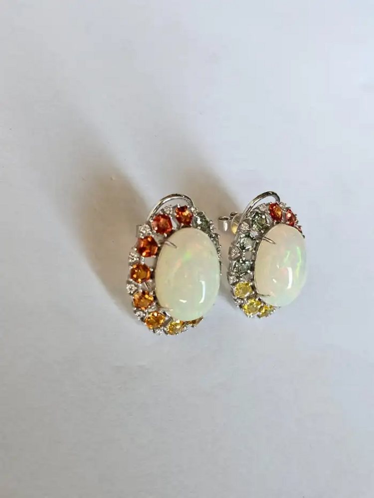 Natural Ethiopian Opal & Multi Sapphire Stud Earrings - 18k White Gold Diamond Earrings