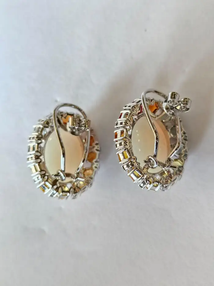 Natural Ethiopian Opal & Multi Sapphire Stud Earrings - 18k White Gold Diamond Earrings
