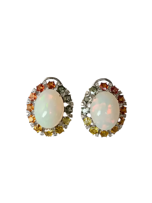 Natural Ethiopian Opal & Multi Sapphire Stud Earrings - 18k White Gold Diamond Earrings