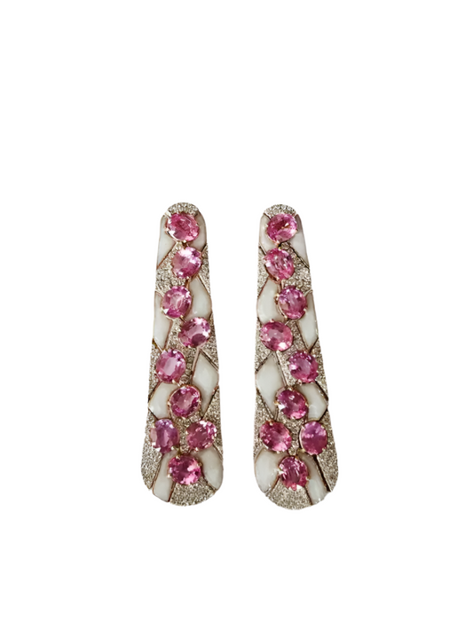 18k Rose Gold Diamond Dangle Earrings - Natural Ceylon Pink Sapphire & White Enamel Women Earrings