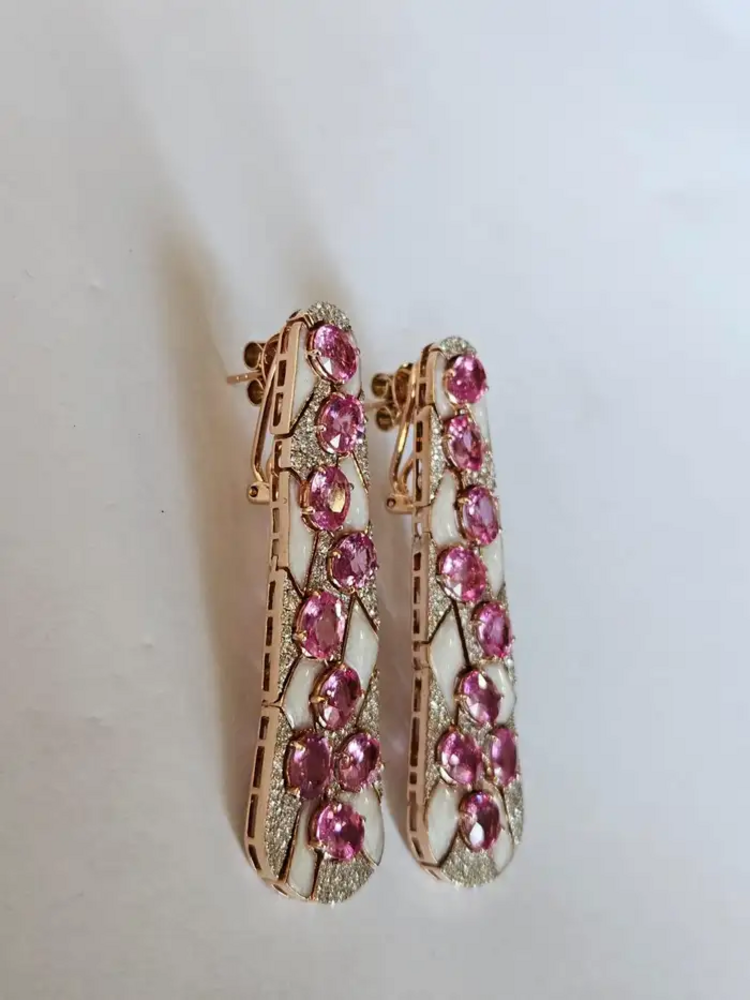 18k Rose Gold Diamond Dangle Earrings - Natural Ceylon Pink Sapphire & White Enamel Women Earrings