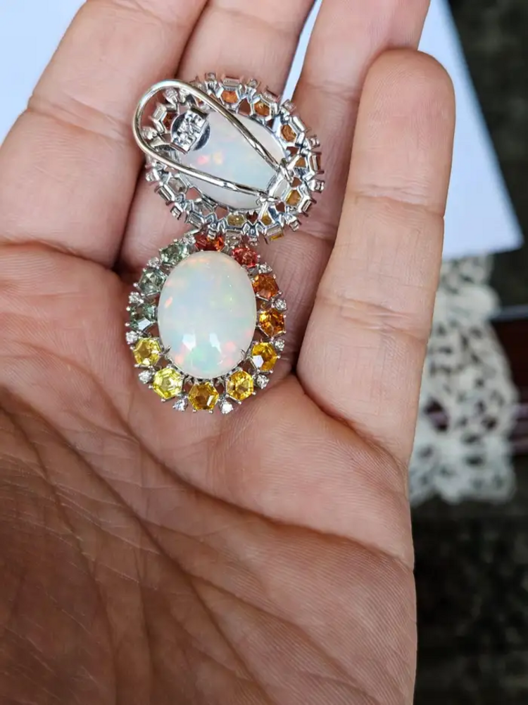 Natural Ethiopian Opal & Multi Sapphire Stud Earrings - 18k White Gold Diamond Earrings