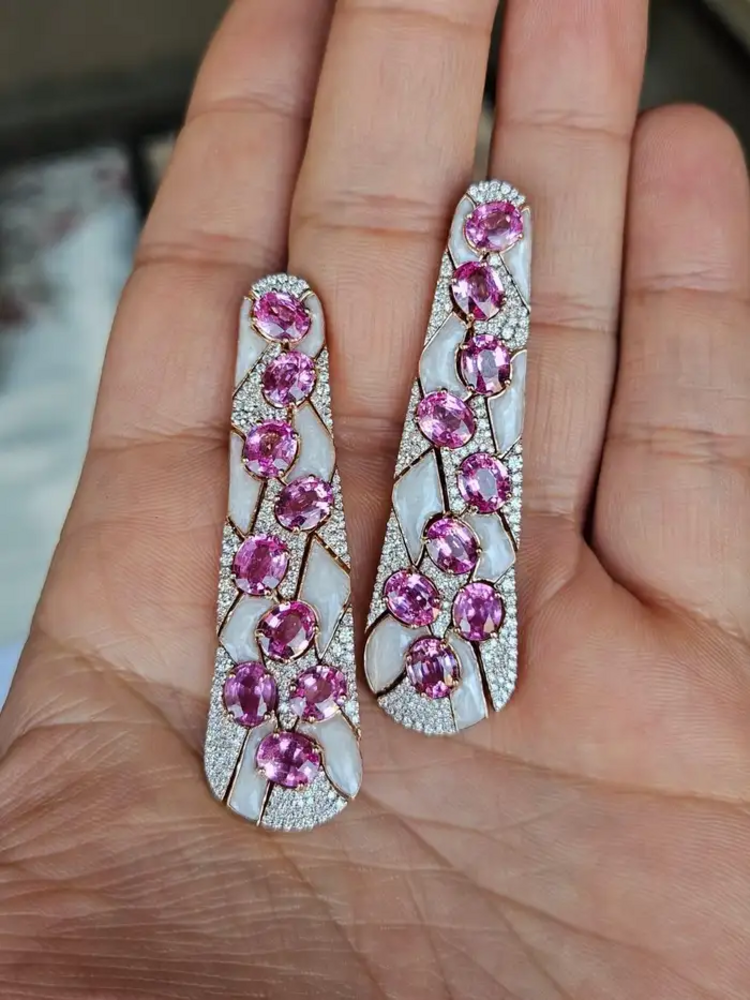 18k Rose Gold Diamond Dangle Earrings - Natural Ceylon Pink Sapphire & White Enamel Women Earrings