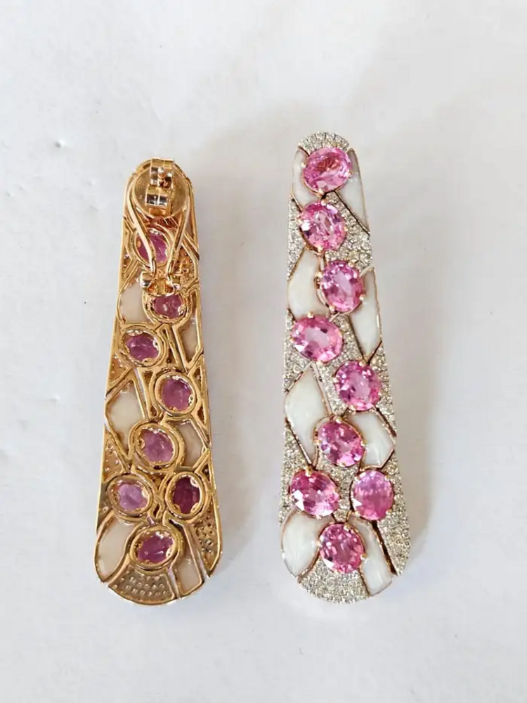 18k Rose Gold Diamond Dangle Earrings - Natural Ceylon Pink Sapphire & White Enamel Women Earrings