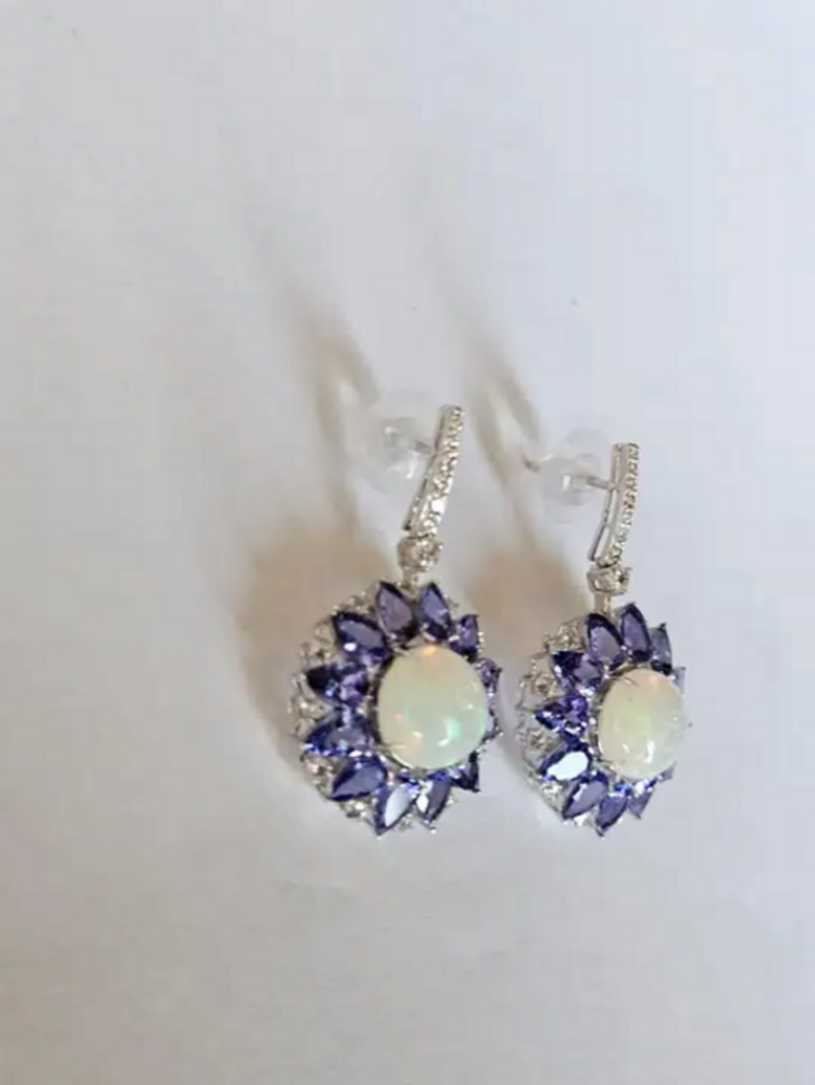 Round Ethiopian Opal Dangle Earrings - 18k White Gold Handmade Diamond & Tanzanite Gemstone Earrings