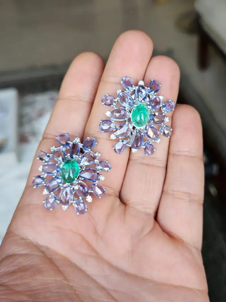 Natural Colombian Emerald & Blue Sapphire Floral Stud Earrings - 18k White Gold Diamond Earrings