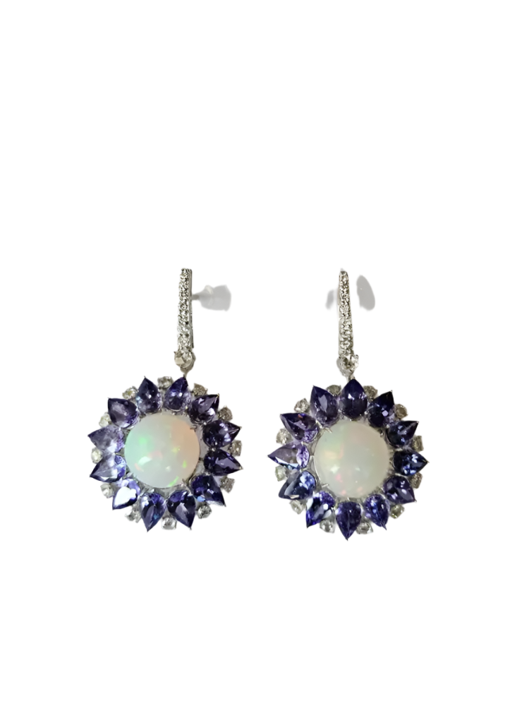 Round Ethiopian Opal Dangle Earrings - 18k White Gold Handmade Diamond & Tanzanite Gemstone Earrings