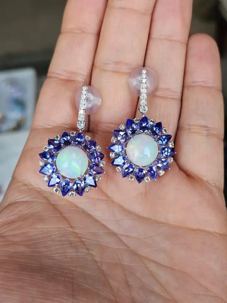 Round Ethiopian Opal Dangle Earrings - 18k White Gold Handmade Diamond & Tanzanite Gemstone Earrings