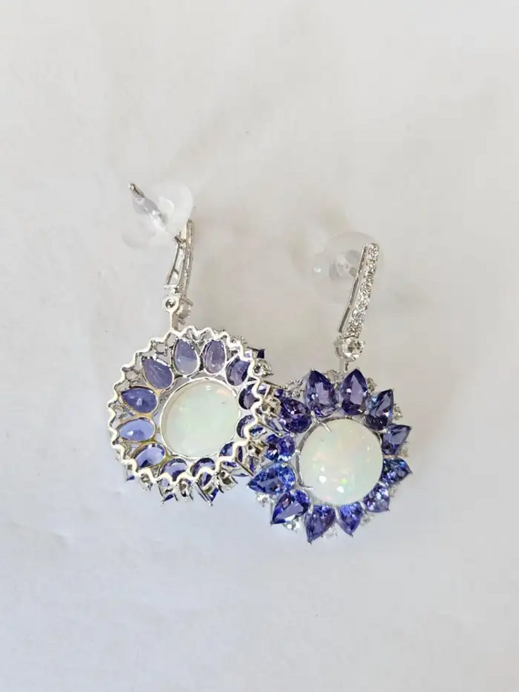 Round Ethiopian Opal Dangle Earrings - 18k White Gold Handmade Diamond & Tanzanite Gemstone Earrings