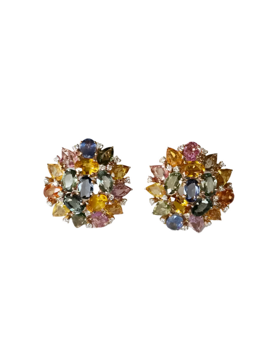 Ceylon Multi Sapphire & Diamond Stud Earrings - Handmade 18k Gold Diamond Women Earrings