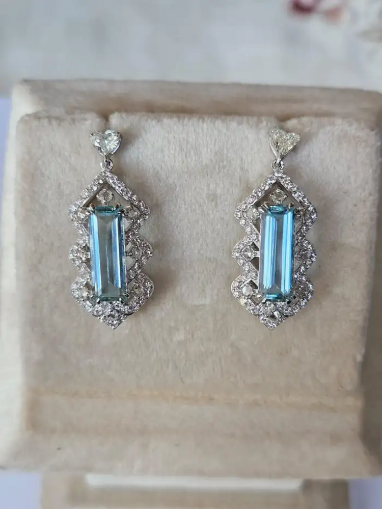 5.26 Ct. Aquamarine Dangle Earrings - Handmade 18k White Gold Heart Shape Diamond Earrings