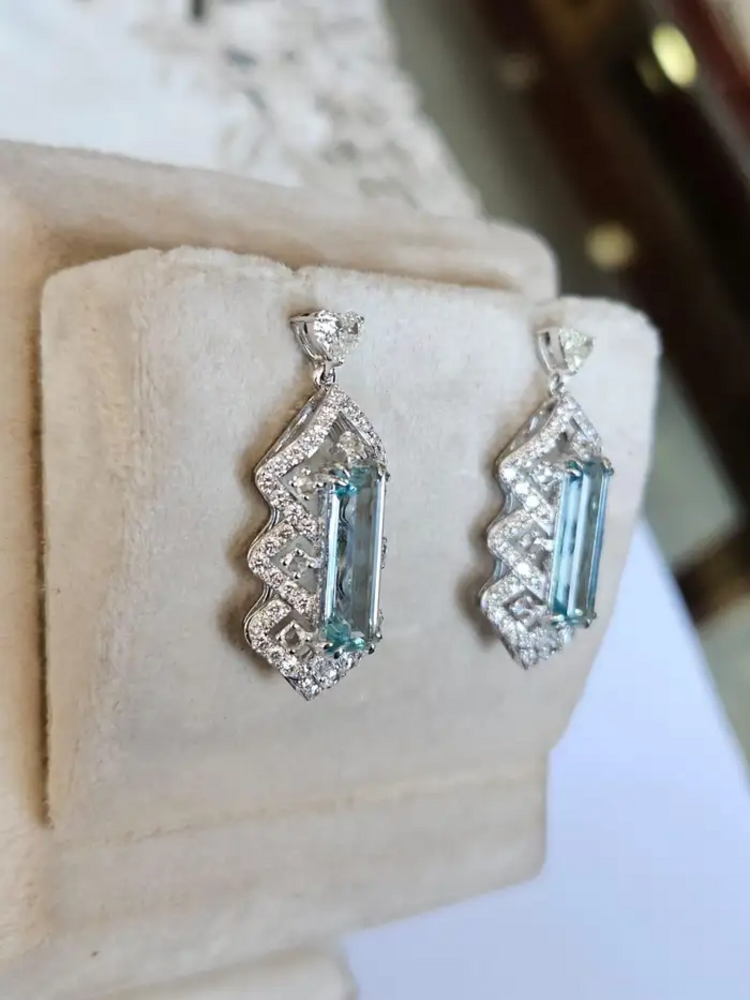 5.26 Ct. Aquamarine Dangle Earrings - Handmade 18k White Gold Heart Shape Diamond Earrings