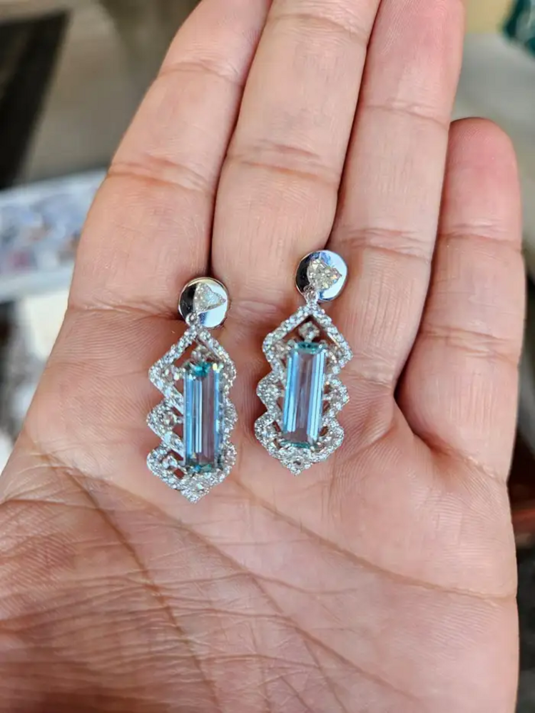 5.26 Ct. Aquamarine Dangle Earrings - Handmade 18k White Gold Heart Shape Diamond Earrings