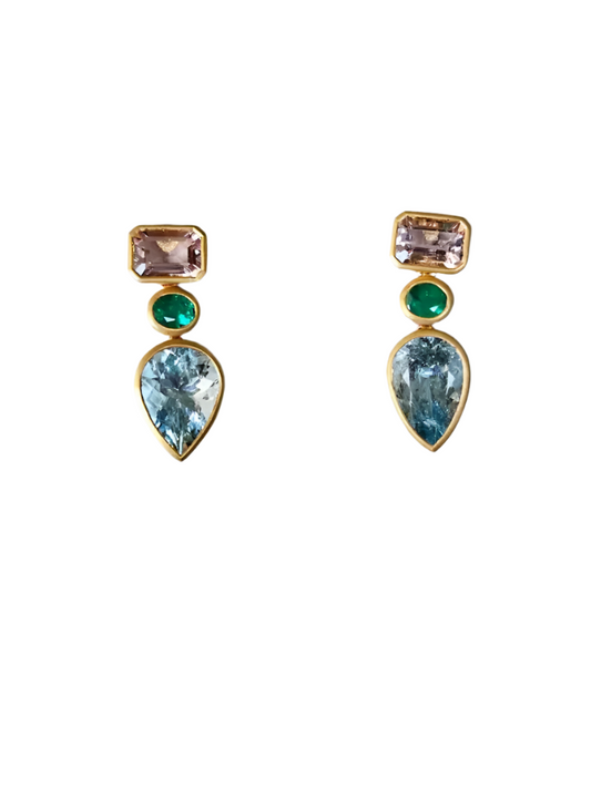 18K Yellow Matte Gold, Aquamarine, Emerald & Morganite Dangle Earring