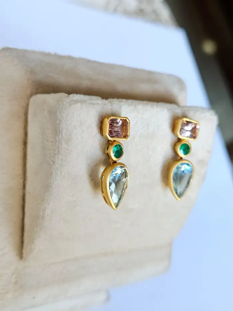 18K Yellow Matte Gold, Aquamarine, Emerald & Morganite Dangle Earring