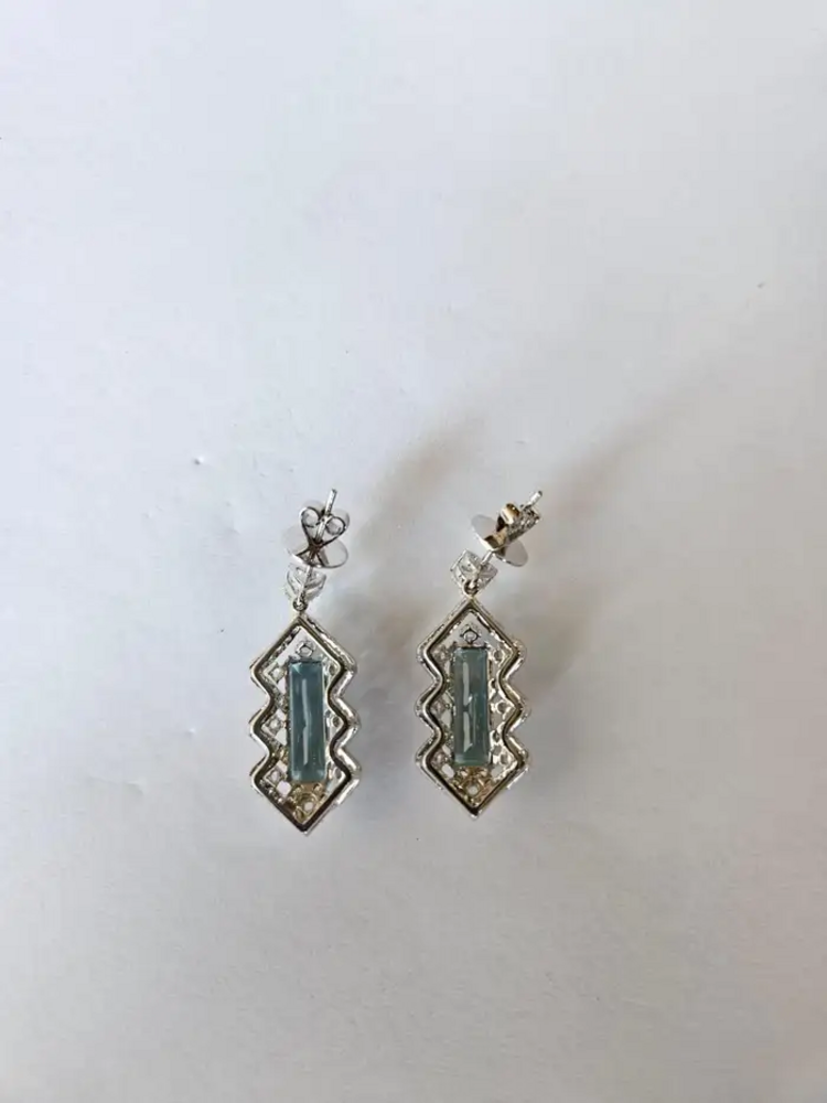 5.26 Ct. Aquamarine Dangle Earrings - Handmade 18k White Gold Heart Shape Diamond Earrings